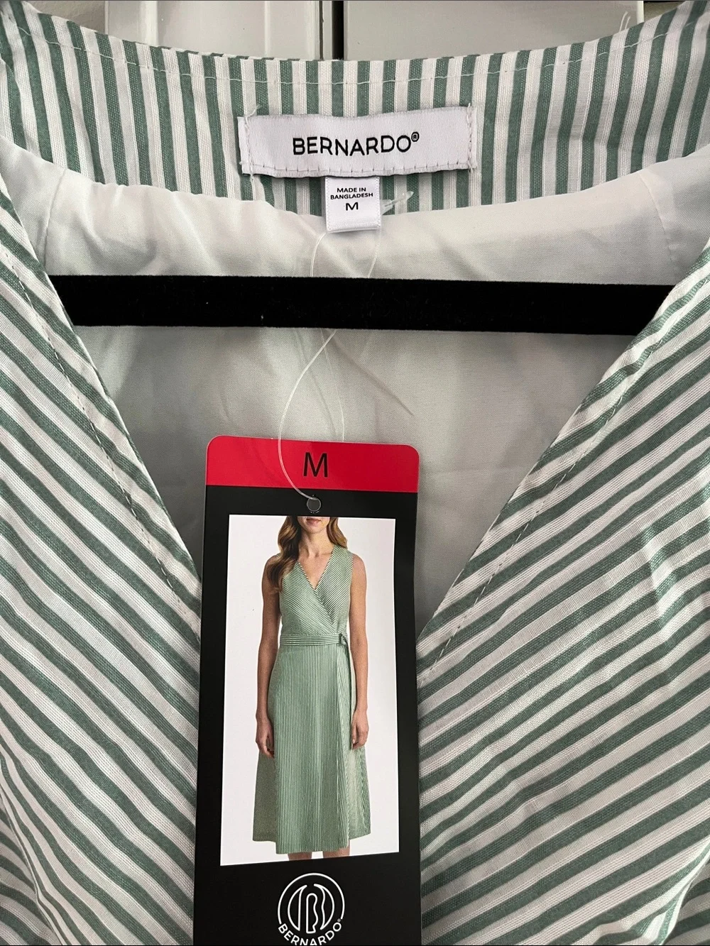 Bernardo Sage Green and White Striped Wrap Midi Dress